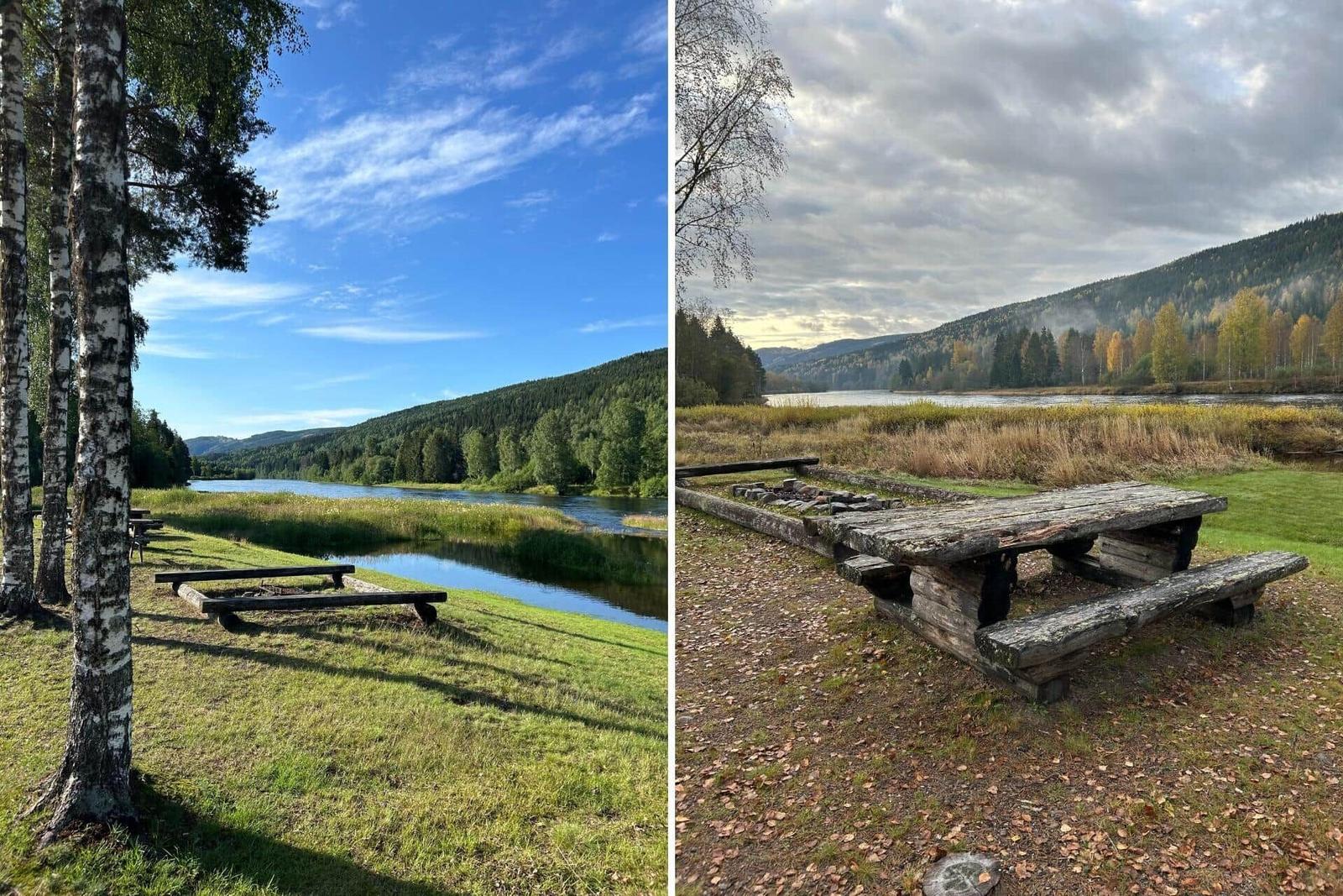 Picknicktisch und Grillplatz am Fluss mit Blick auf bewaldete Berge.