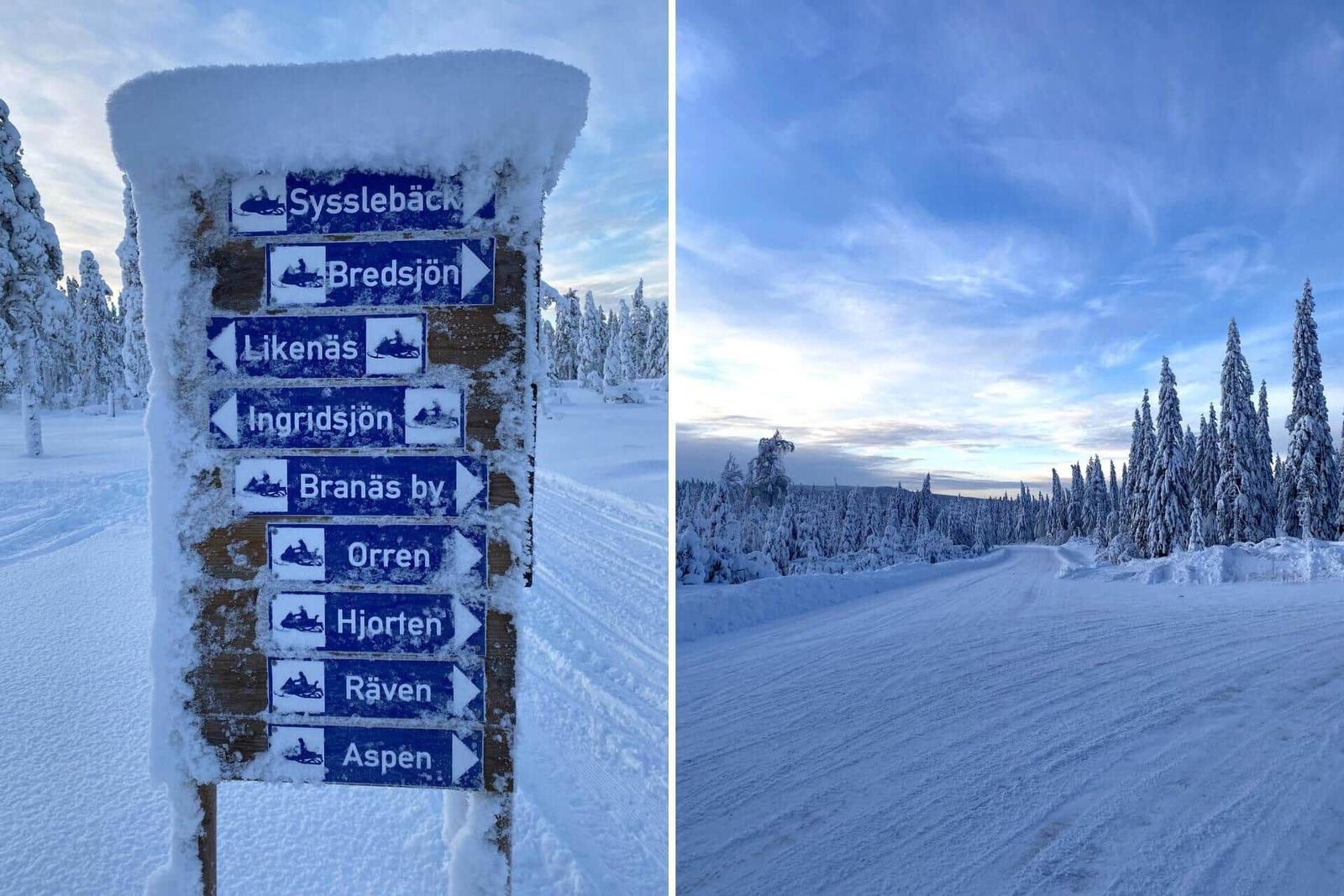 Schneeverhangener Wegweiser zeigt Richtungen zu Orten wie Sysslebäck und Bredsjön.