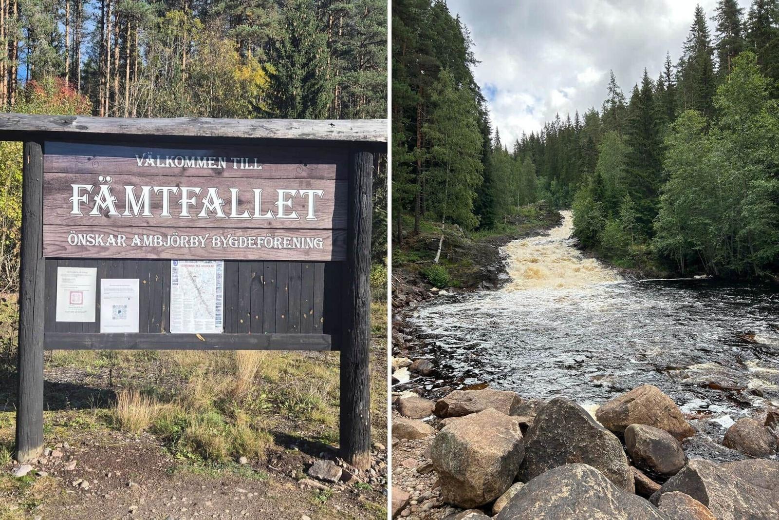 Willkommenstafel und wilder Fluss in der Natur