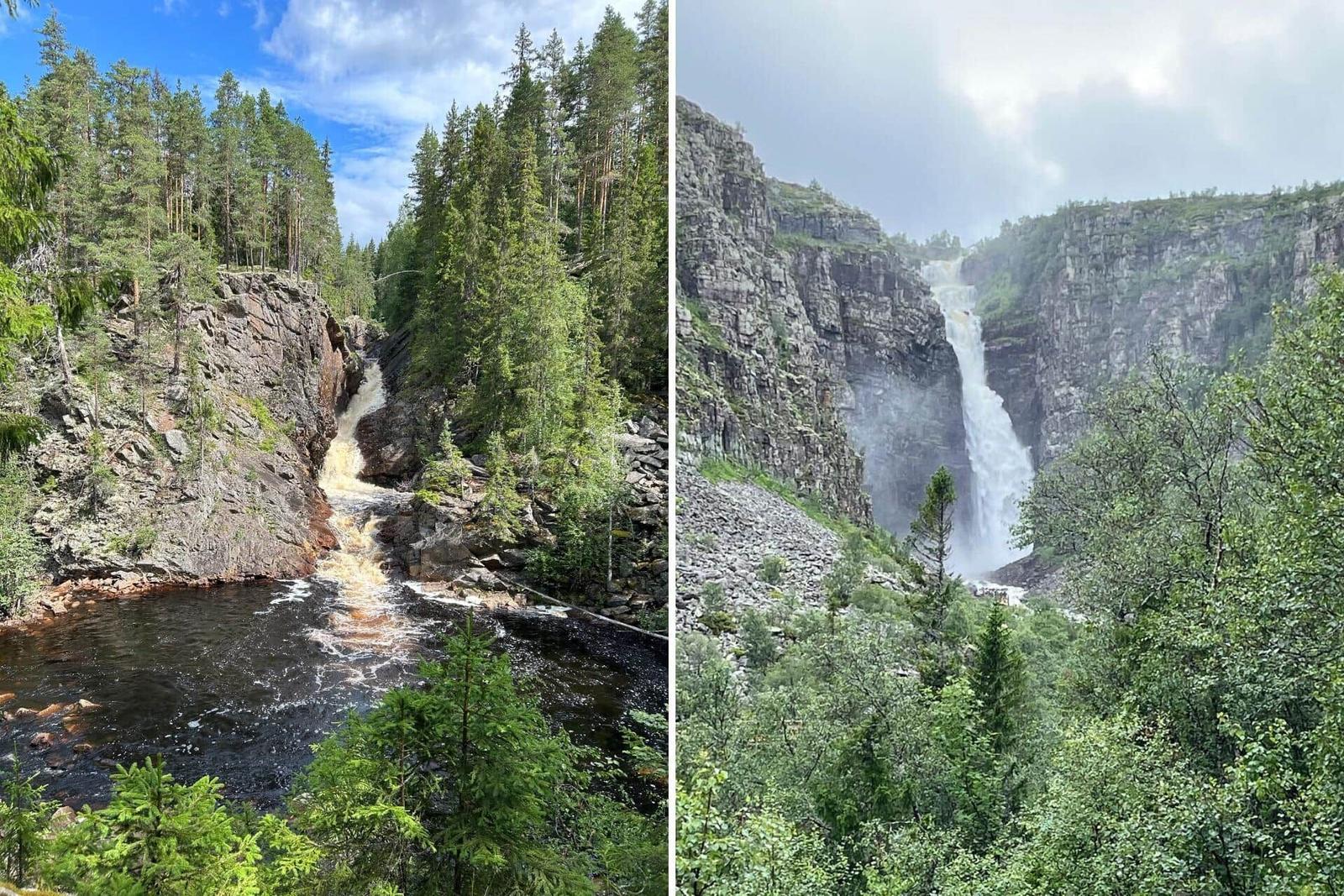 Wasserfälle in einem Wald mit Felsen und Bäumen