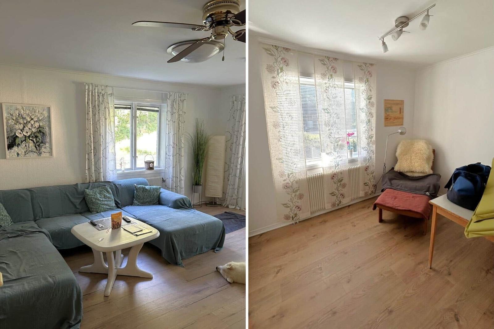 Wohnzimmer mit Sofa, Tisch und Decke. Nebenraum mit Stuhl, Tisch und Fenster.