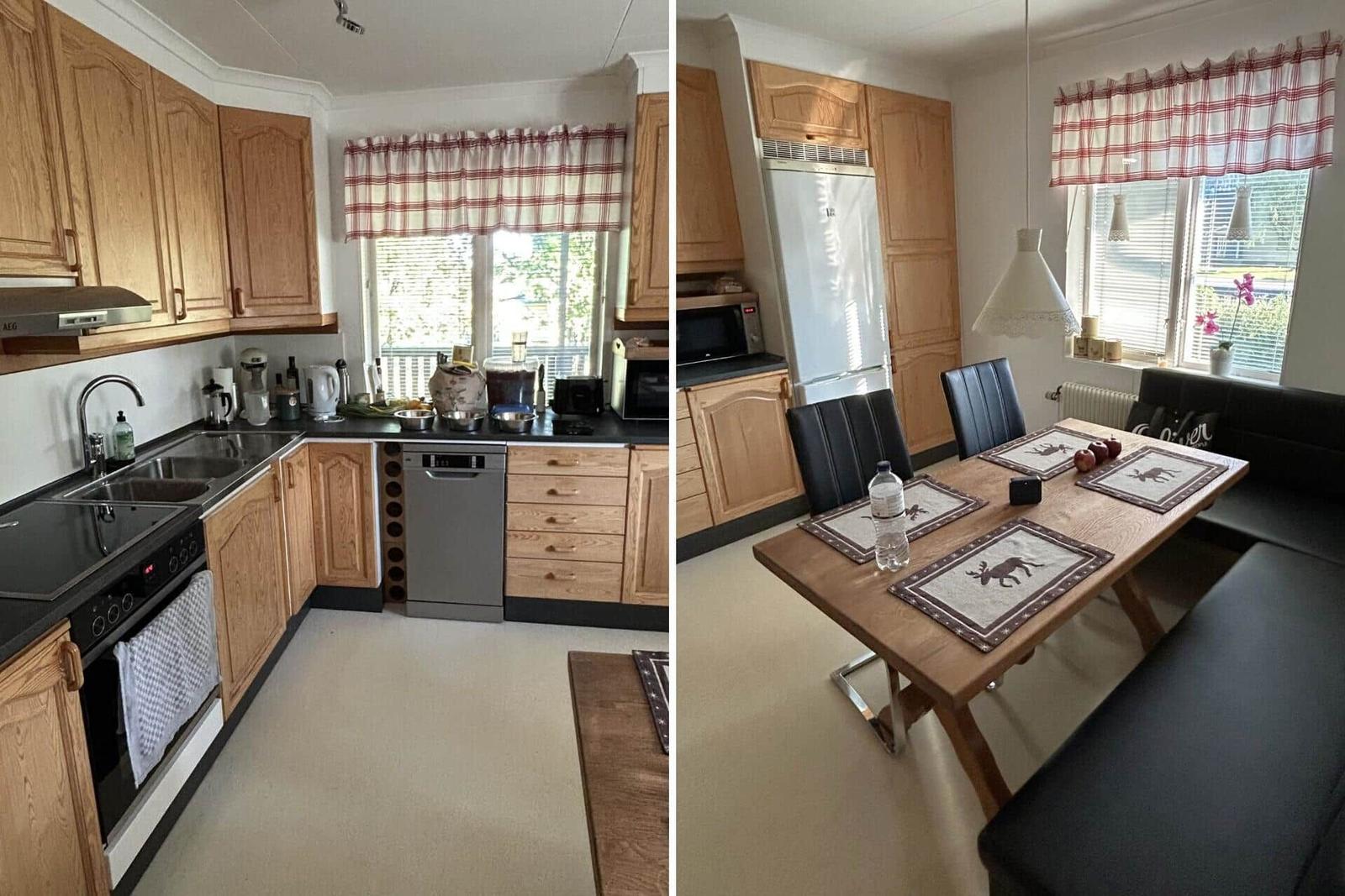 Küche mit Holzschränken und Essbereich mit Tisch und Bänken.