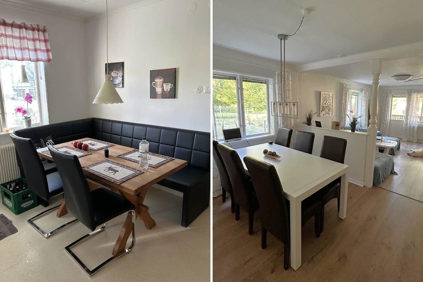 Esszimmer mit Tisch, Stühlen und Fenster. Blick in Wohnbereich mit Sofa und Hund.