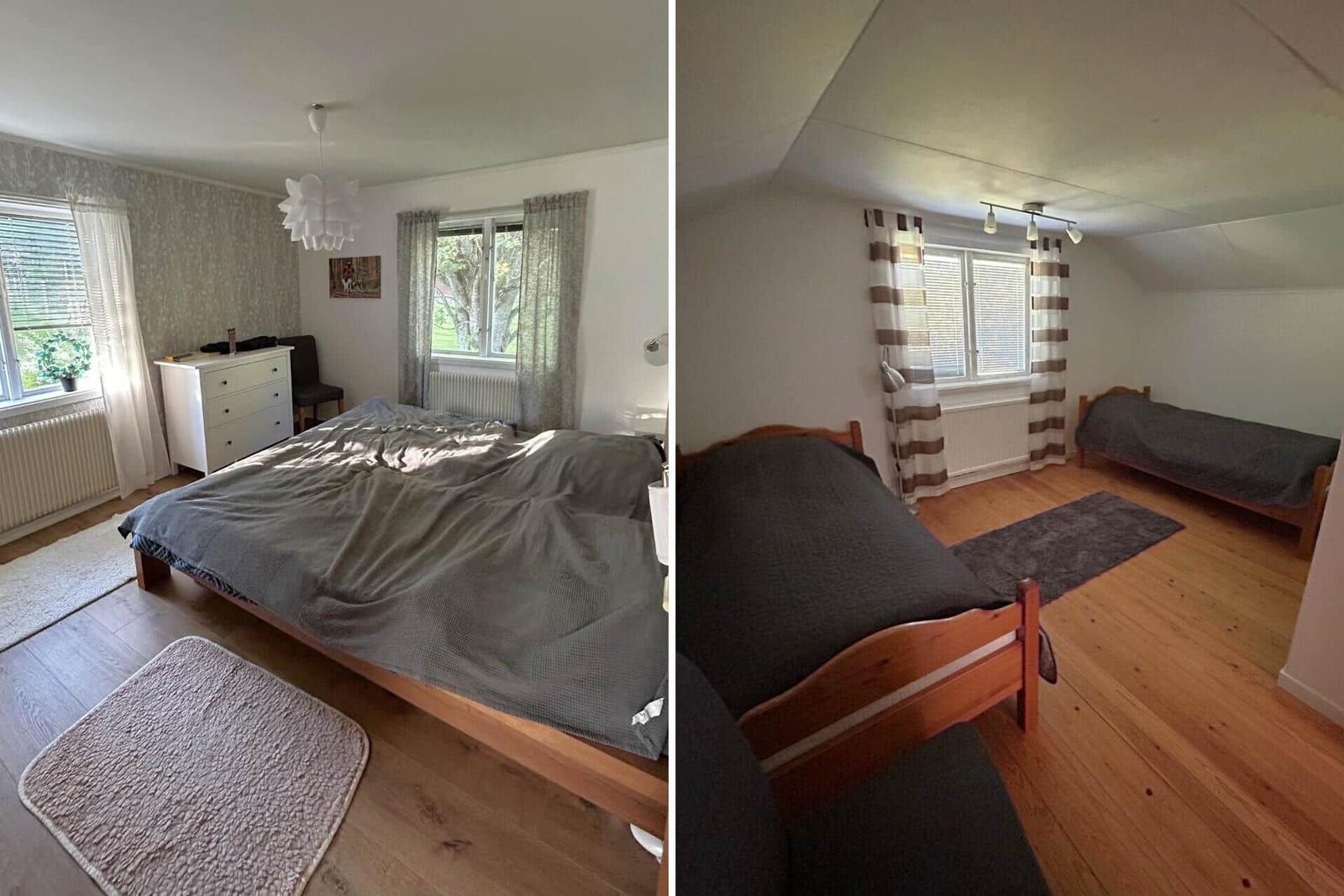 Zwei Schlafzimmer mit Holzböden und Fenstern mit Vorhängen.