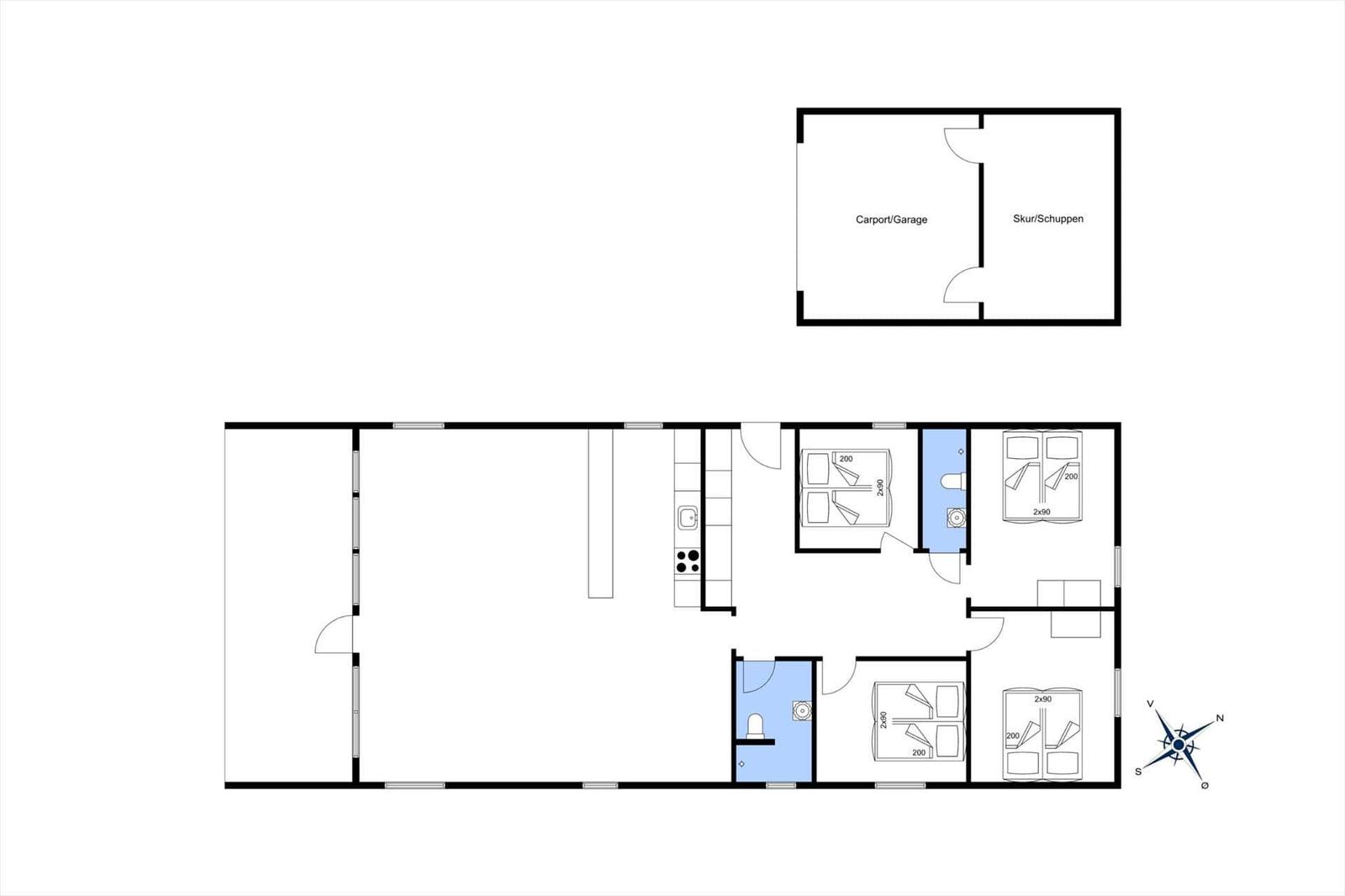 Floor plan shows living area, kitchen, three bedrooms and two bathrooms with carport.