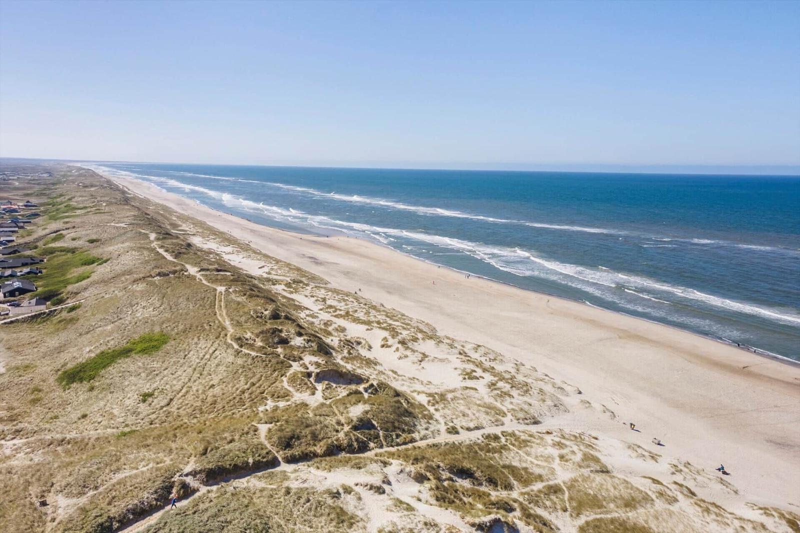 Aerial view of sandy beach with dunes and ocean waves.