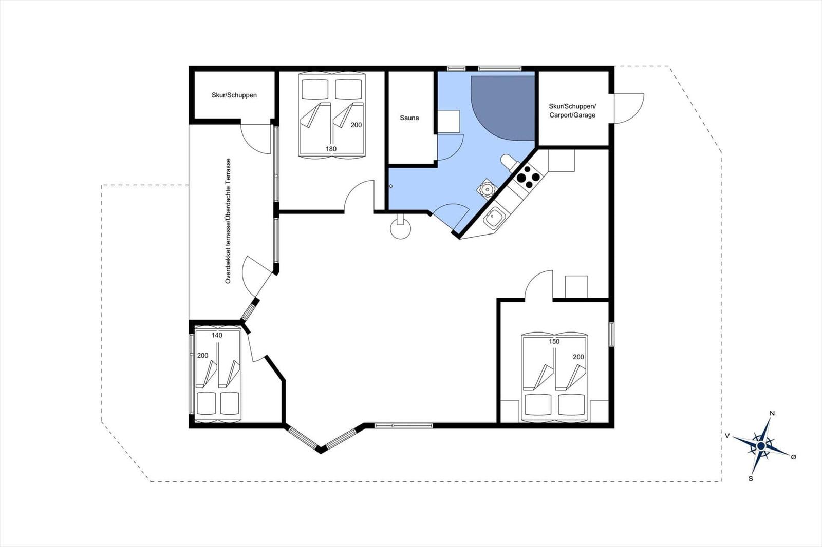 Apartment with sauna, kitchen, and three bedrooms with terrace.