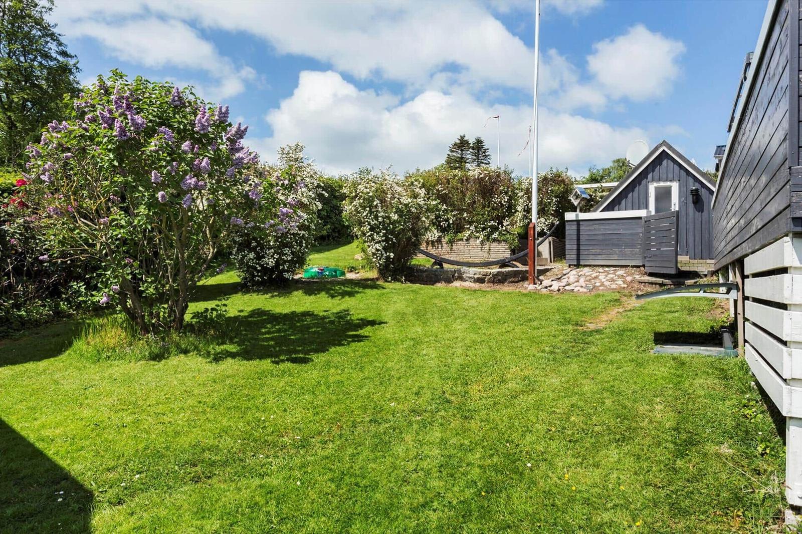 Green garden with flowers, hammock, and wooden house in background.