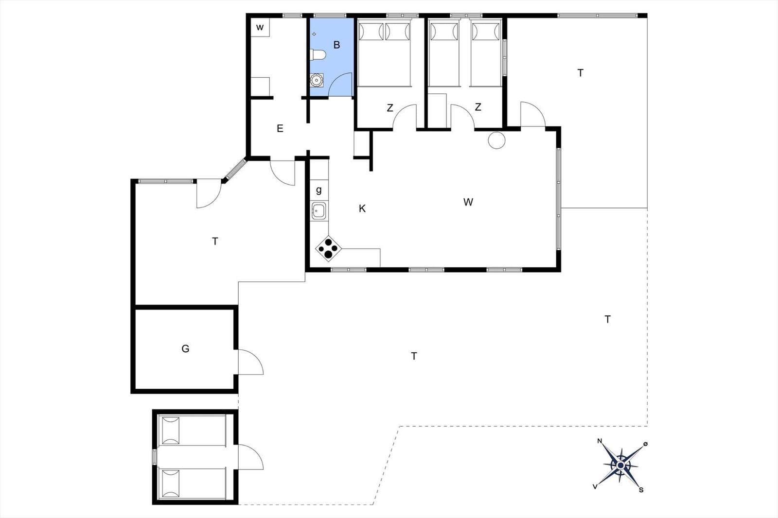 This floor plan shows the rooms of a vacation rental with kitchen, bedrooms, and bathroom.