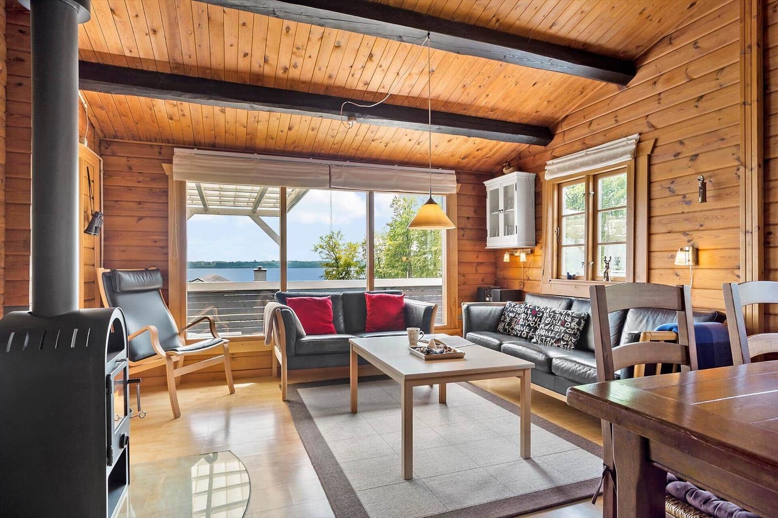 Living room with wooden walls, sofa, chair, and water view
