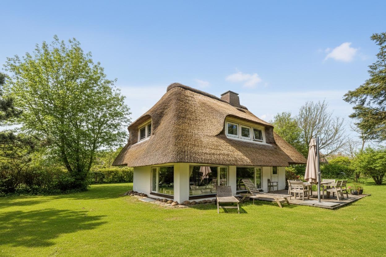 Haus mit Strohdach, Terrasse und Garten. Holzmöbel und Sonnenschirm.