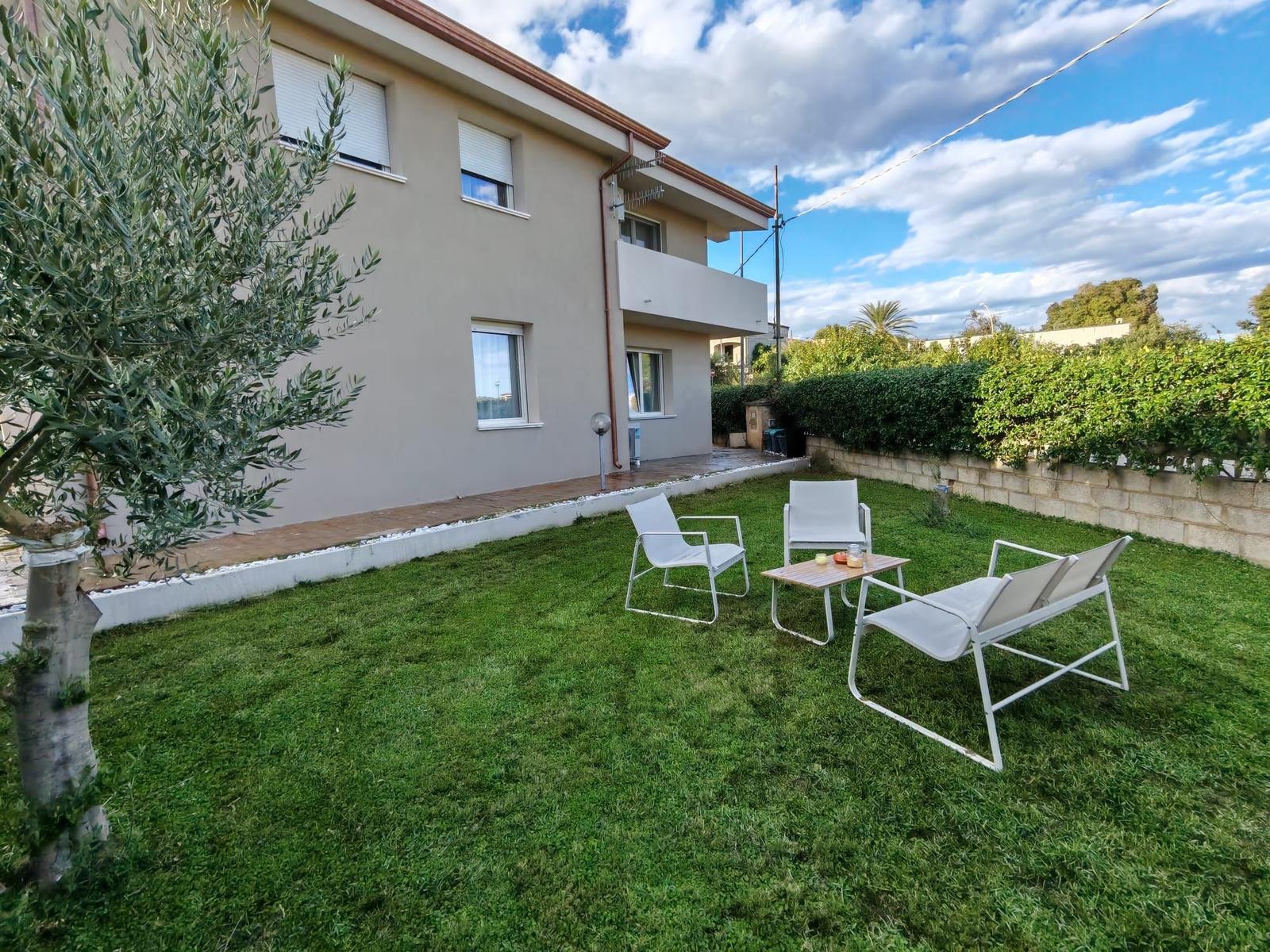 Backyard with lawn, seating area, and olive tree.