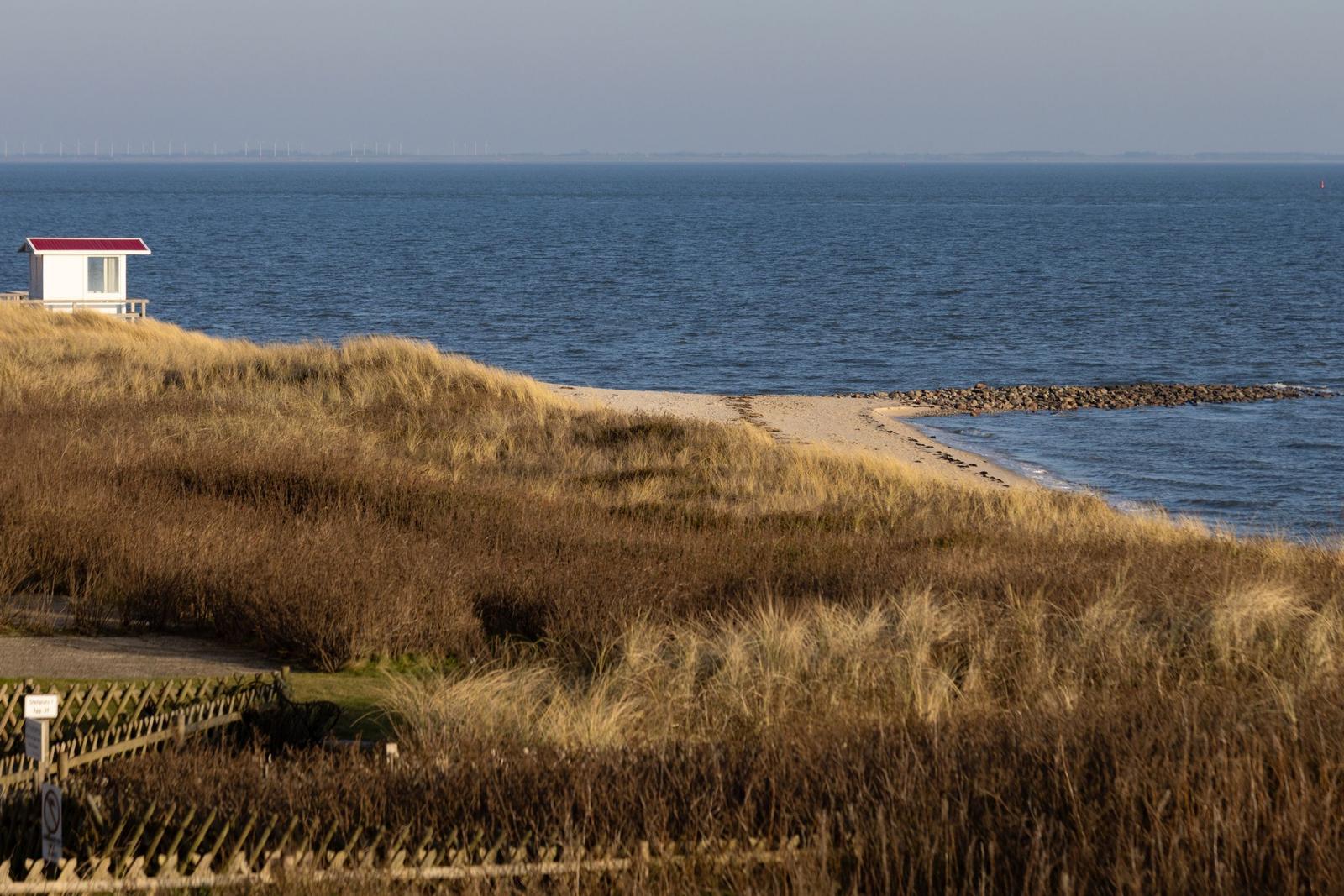 Küstenlandschaft mit Strand, Dünen und kleinem Haus mit rotem Dach.