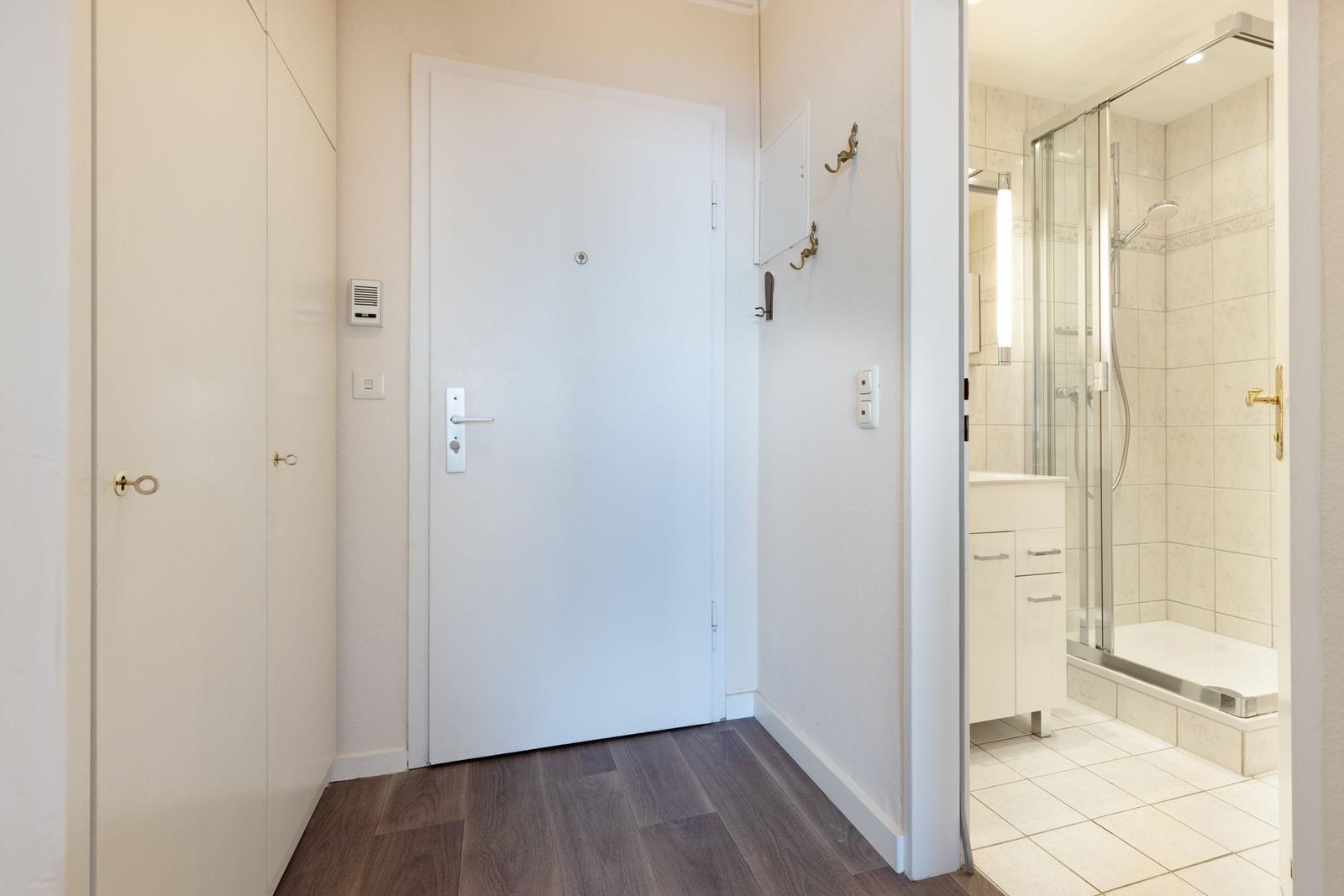 Eingangsbereich mit Tür und Blick in die Badewanne mit Dusche.