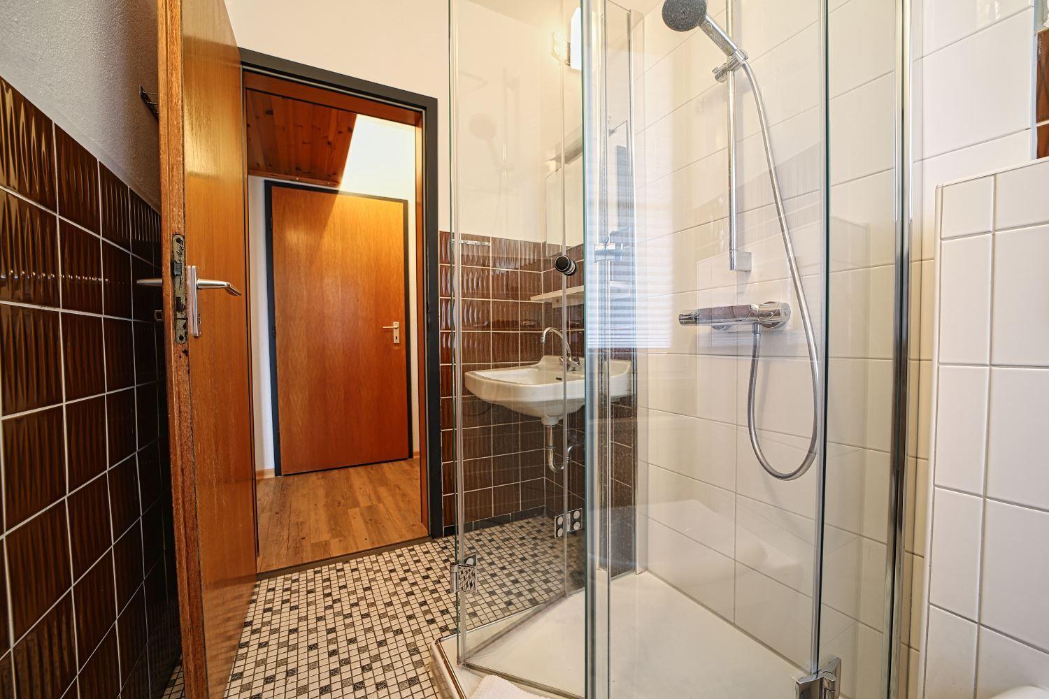 Badezimmer mit Dusche, Waschbecken und Mosaikfußboden.