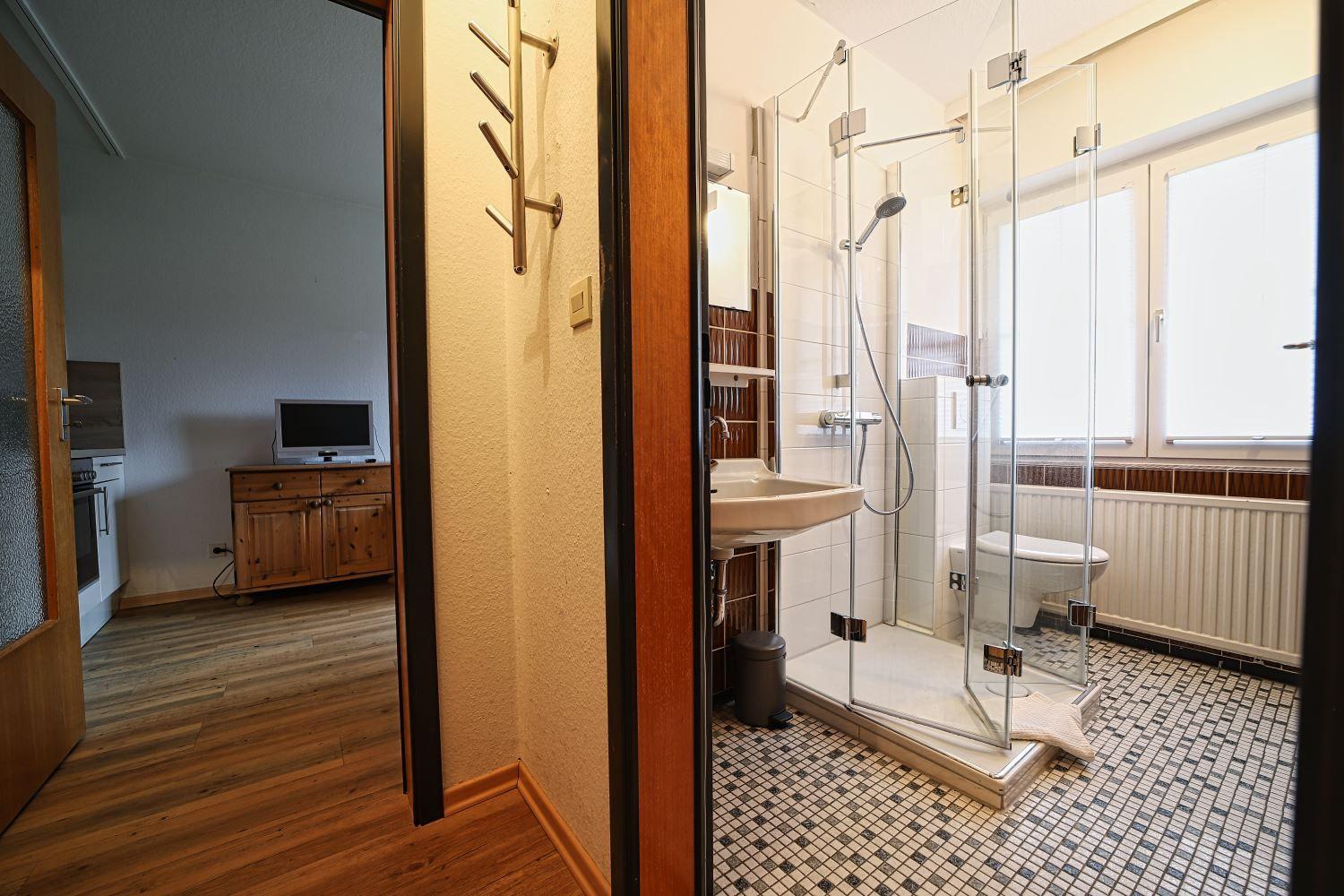 Badezimmer mit Dusche, Waschbecken und Toilette. Im Hintergrund Küche mit TV.