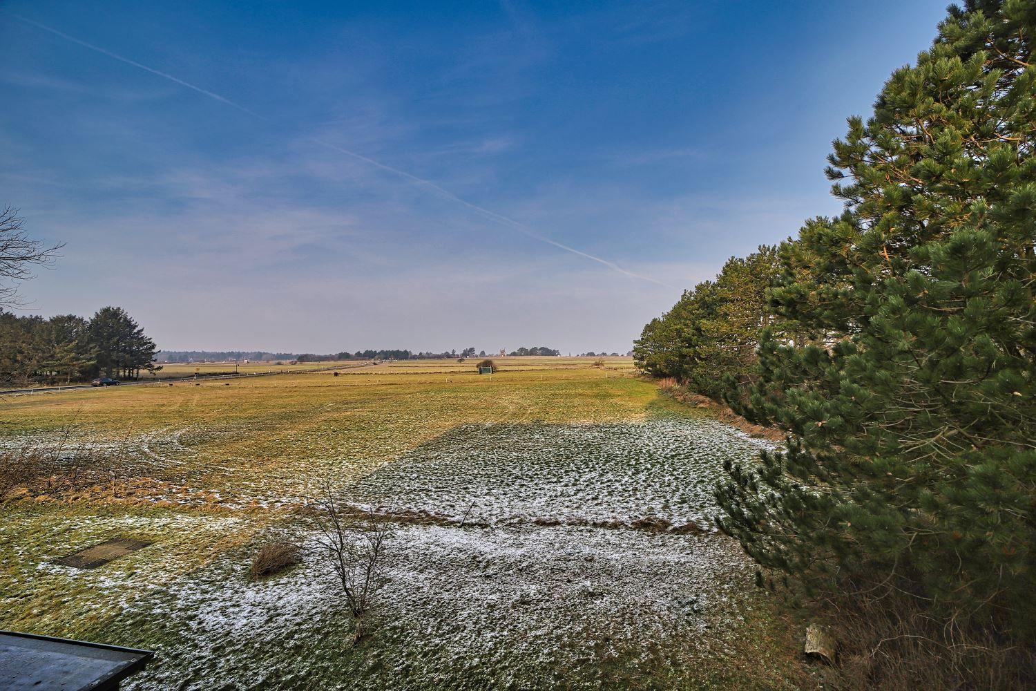 Weitläufiges Feld mit leichtem Schneebedeckung und Bäumen am Rand.