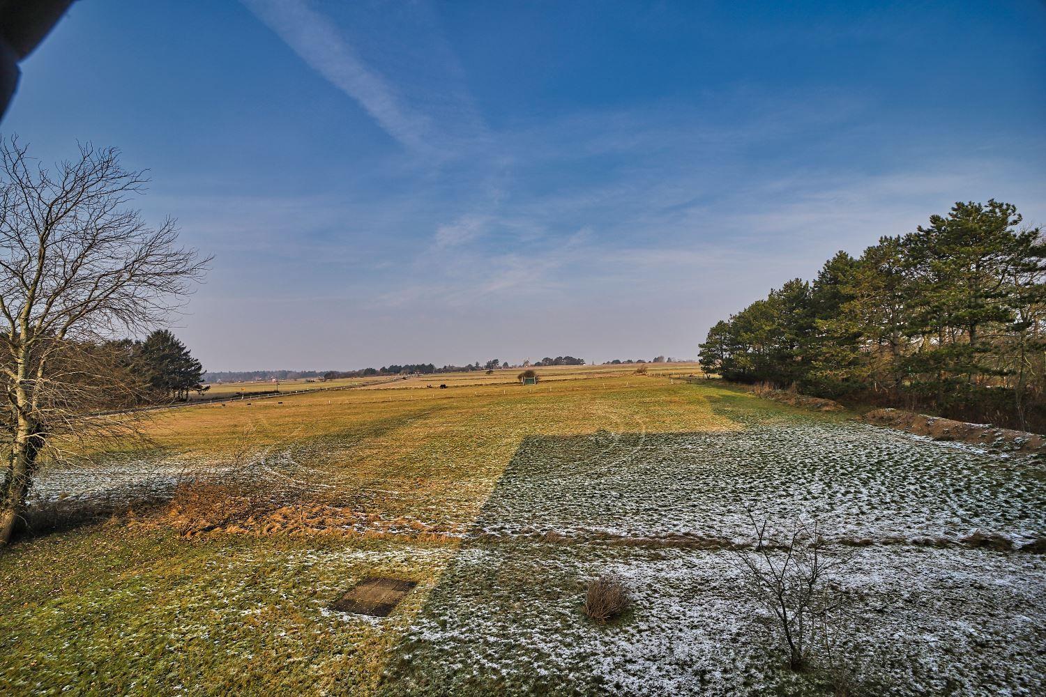 Weitläufiges Feld mit leichtem Schneebedeckung, Bäume und klarer Himmel.