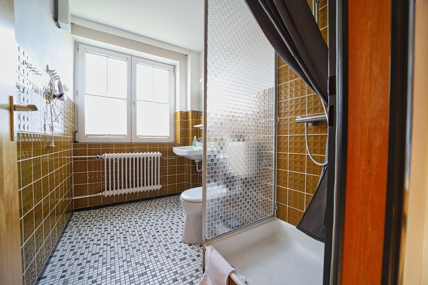 Bad mit Dusche, Toilette und Waschbecken. Fliesen und Fenster sichtbar.