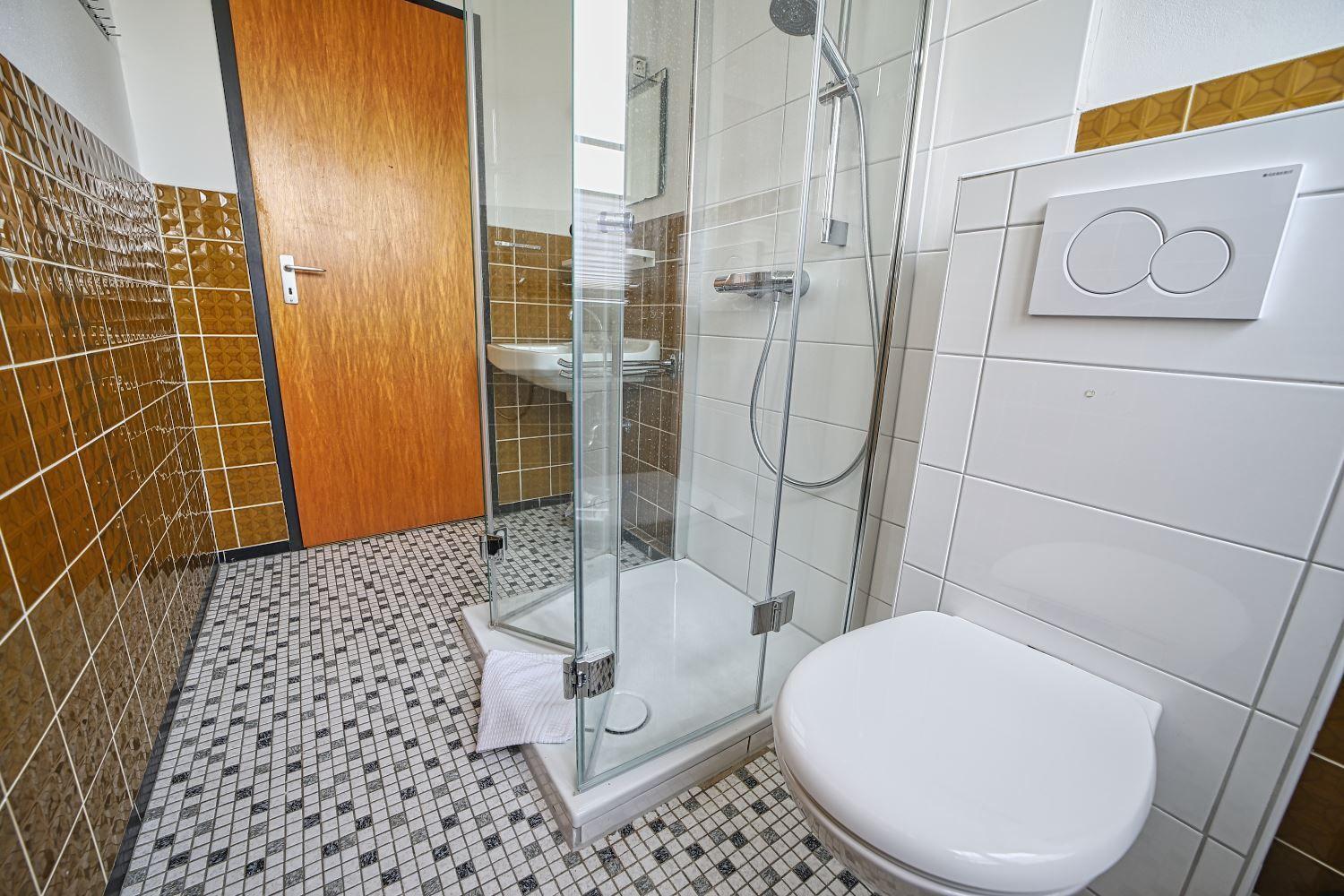 Badezimmer mit Dusche, Toilette und Waschbecken. Fliesen und Mosaikboden.