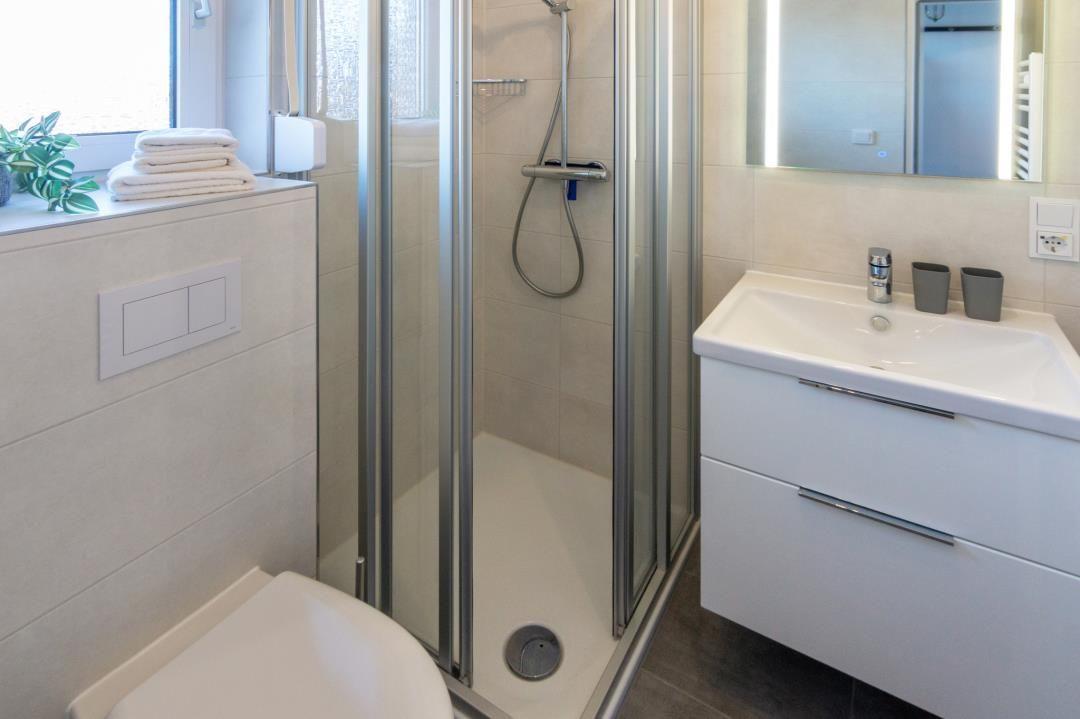 Badezimmer mit Dusche, Waschbecken und Toilette. Fenster mit Pflanze und Handtüchern.