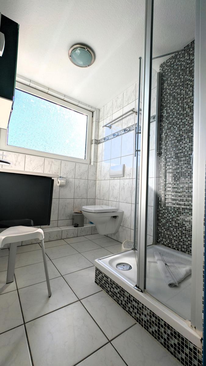 Badezimmer mit Dusche, Toilette und Fenster