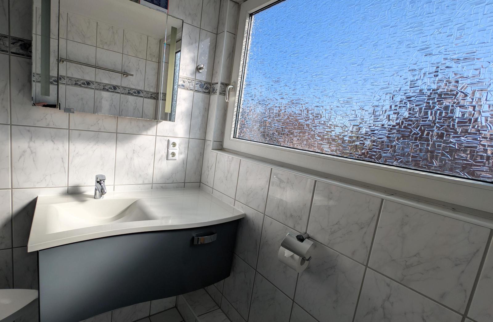 Badezimmer mit Waschbecken, Spiegel und getöntem Fenster