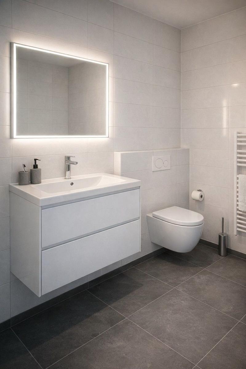 Badezimmer mit Waschbecken, Spiegel und Toilette.