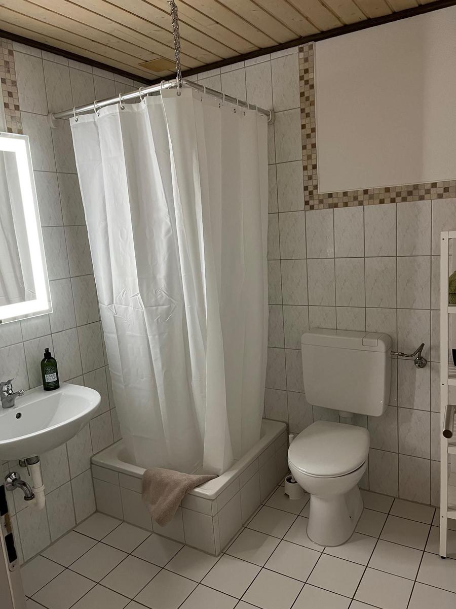Bathroom with shower, toilet, and sink