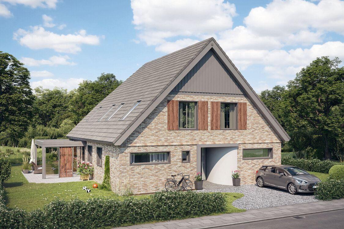 Moderne Villa mit Garage, Garten und Terrasse unter blauem Himmel.