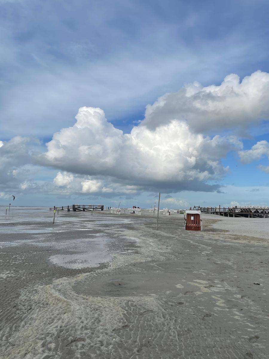 Strand mit Watt, Holzstegen und Strandkörben unter bewölktem Himmel