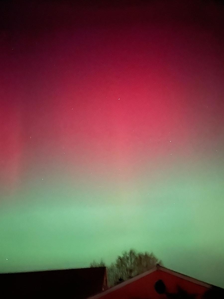 Aurora borealis leuchtet in Rot und Grün über Dach und Bäume.