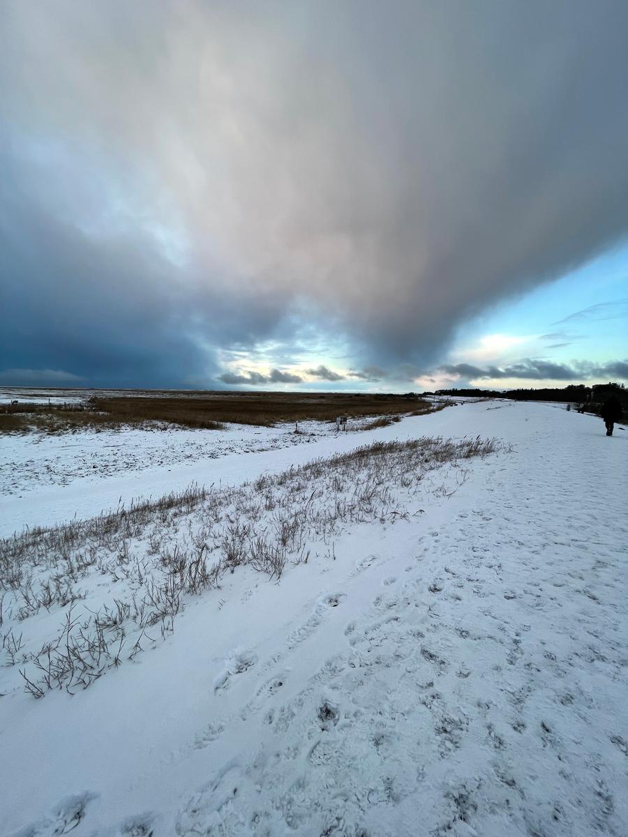 Schneebedeckter Weg durch eine offene Landschaft unter bewölktem Himmel.