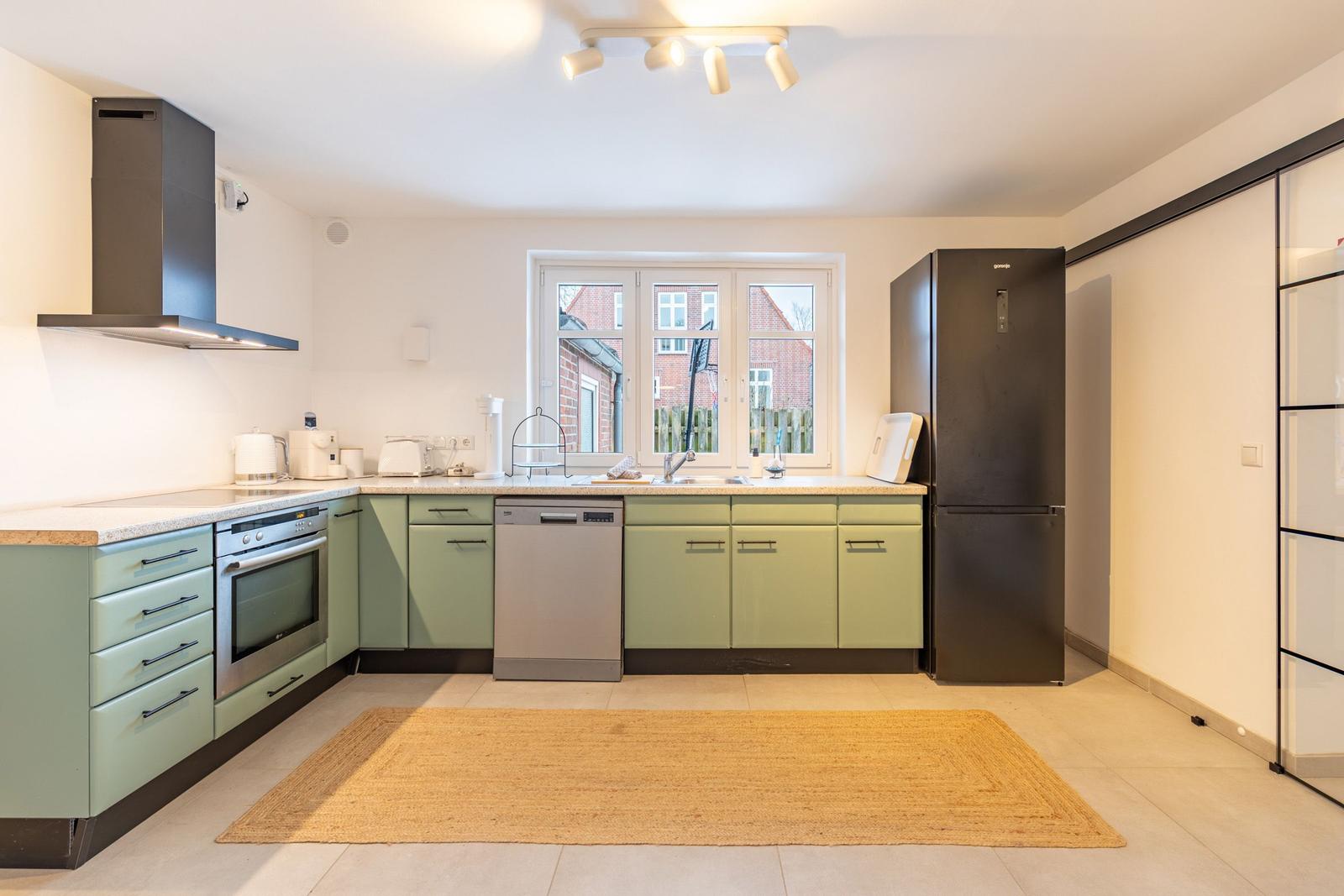 Küche mit grünen Schränken, Edelstahlgeräten und Fensterblick.