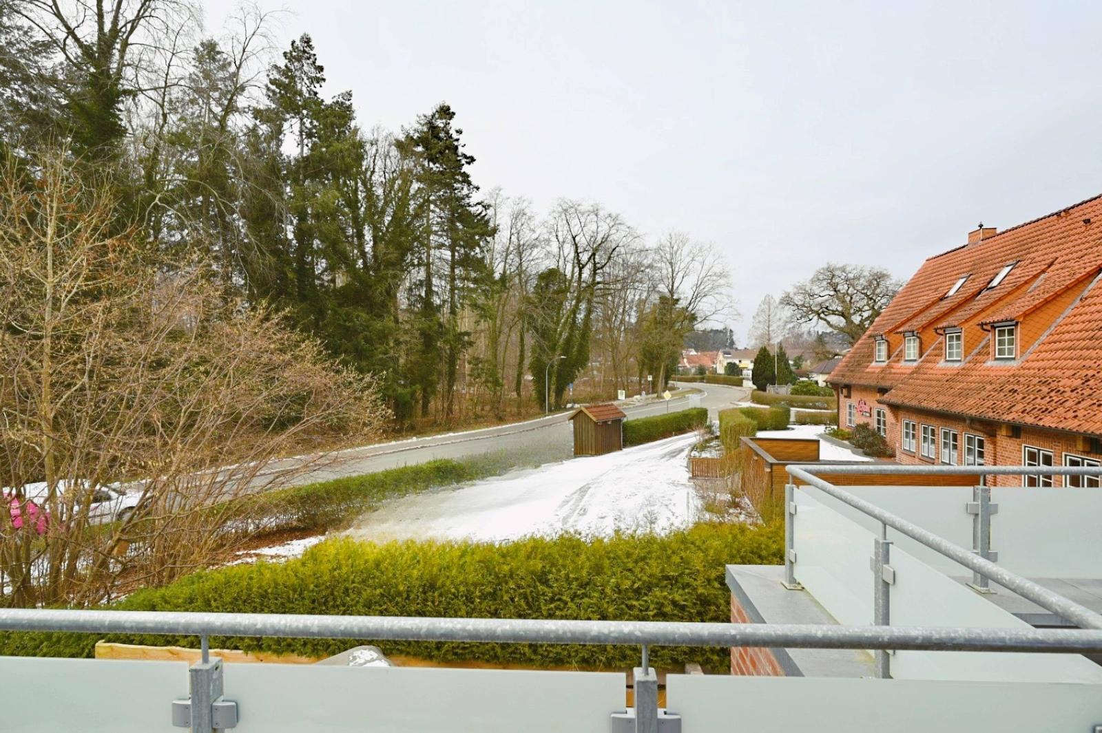 Blick von Balkon auf Straße, Bäume und roten Dach