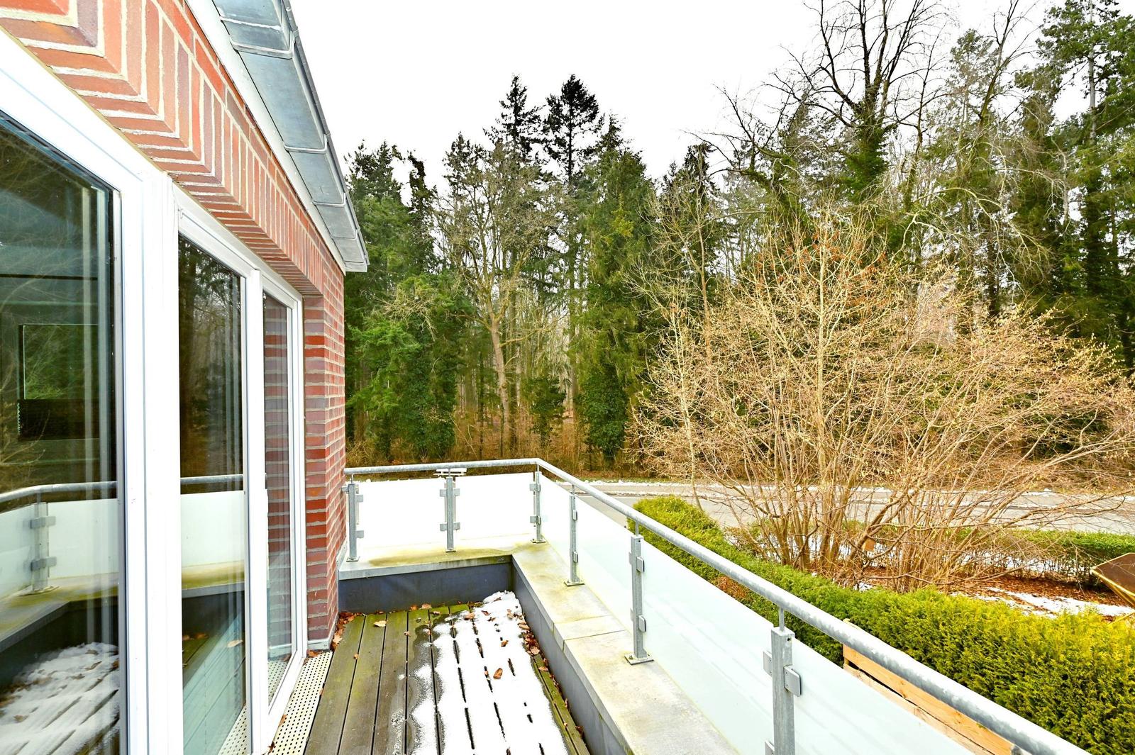 Terrasse mit Holzdielen und Metallgeländer, Blick in einen Wald mit Bäumen und Sträuchern.