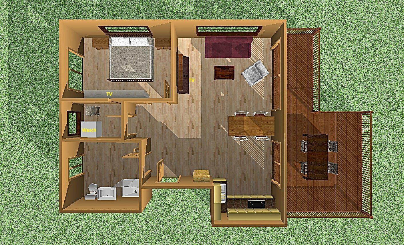 Übersicht über die Wohnung mit Schlafzimmer, Wohnbereich, Küche und Bad.