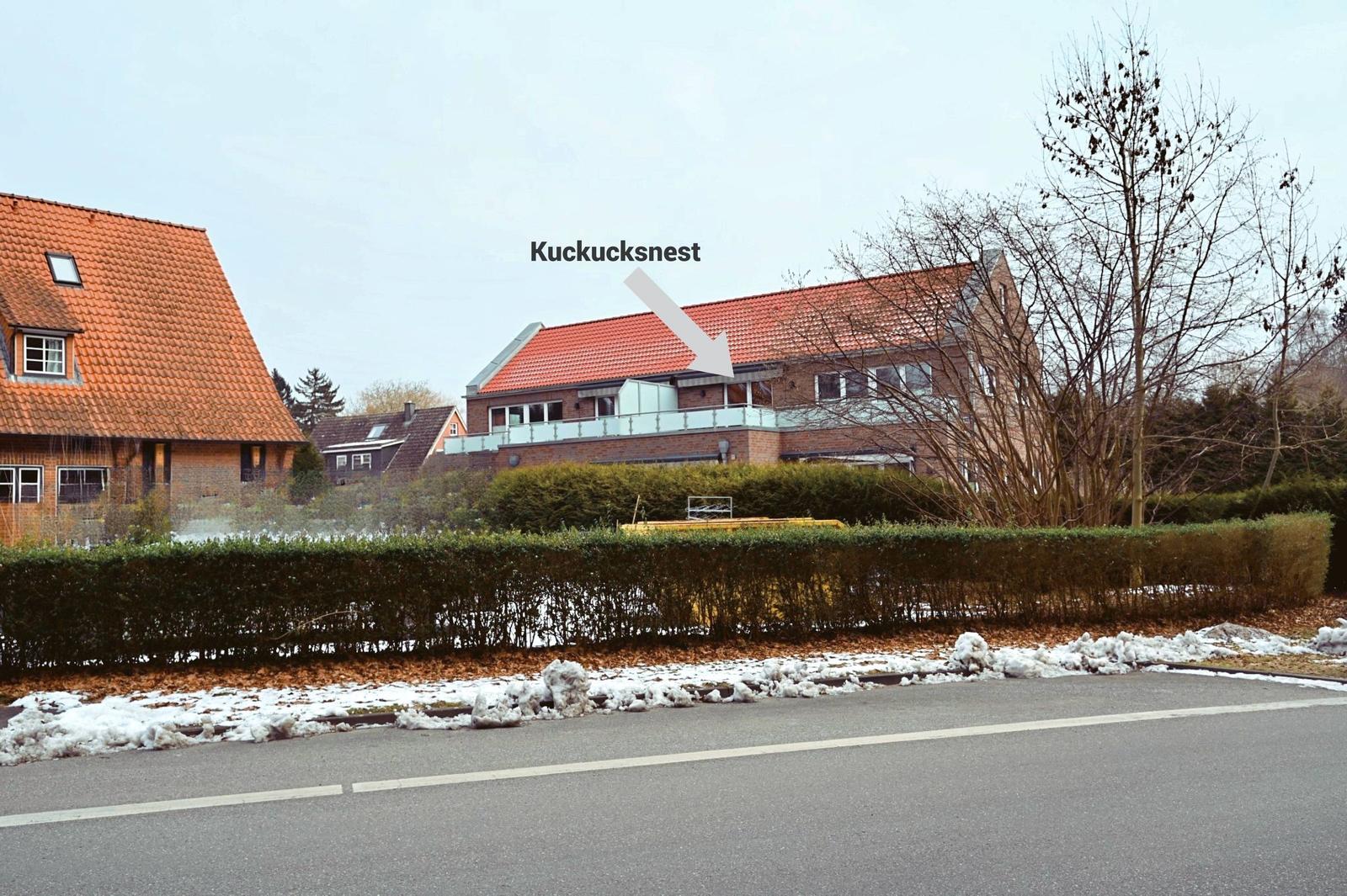 Haus mit rotem Dach und Balkon hinter Hecke