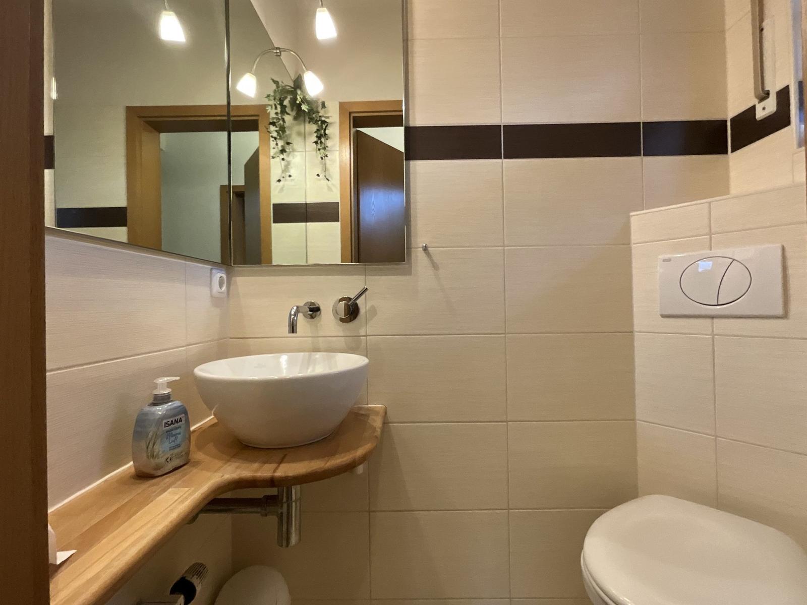 Bad mit Waschbecken, Spiegel und Toilette. Wandfliesen und Holzunterschrank.