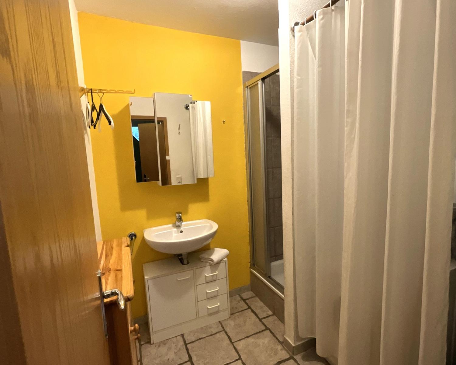 Badezimmer mit Waschbecken, Spiegel und Dusche.