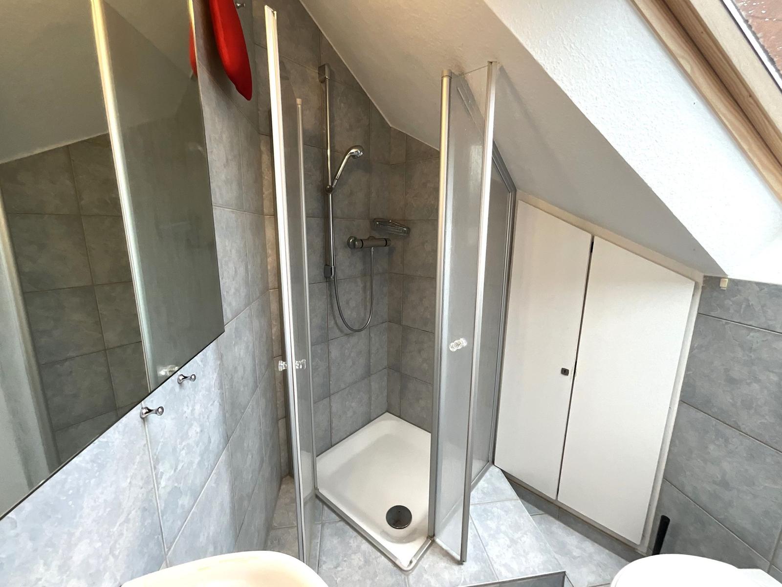 Duschbereich mit Duschkabine, Spiegelschrank und Fenster