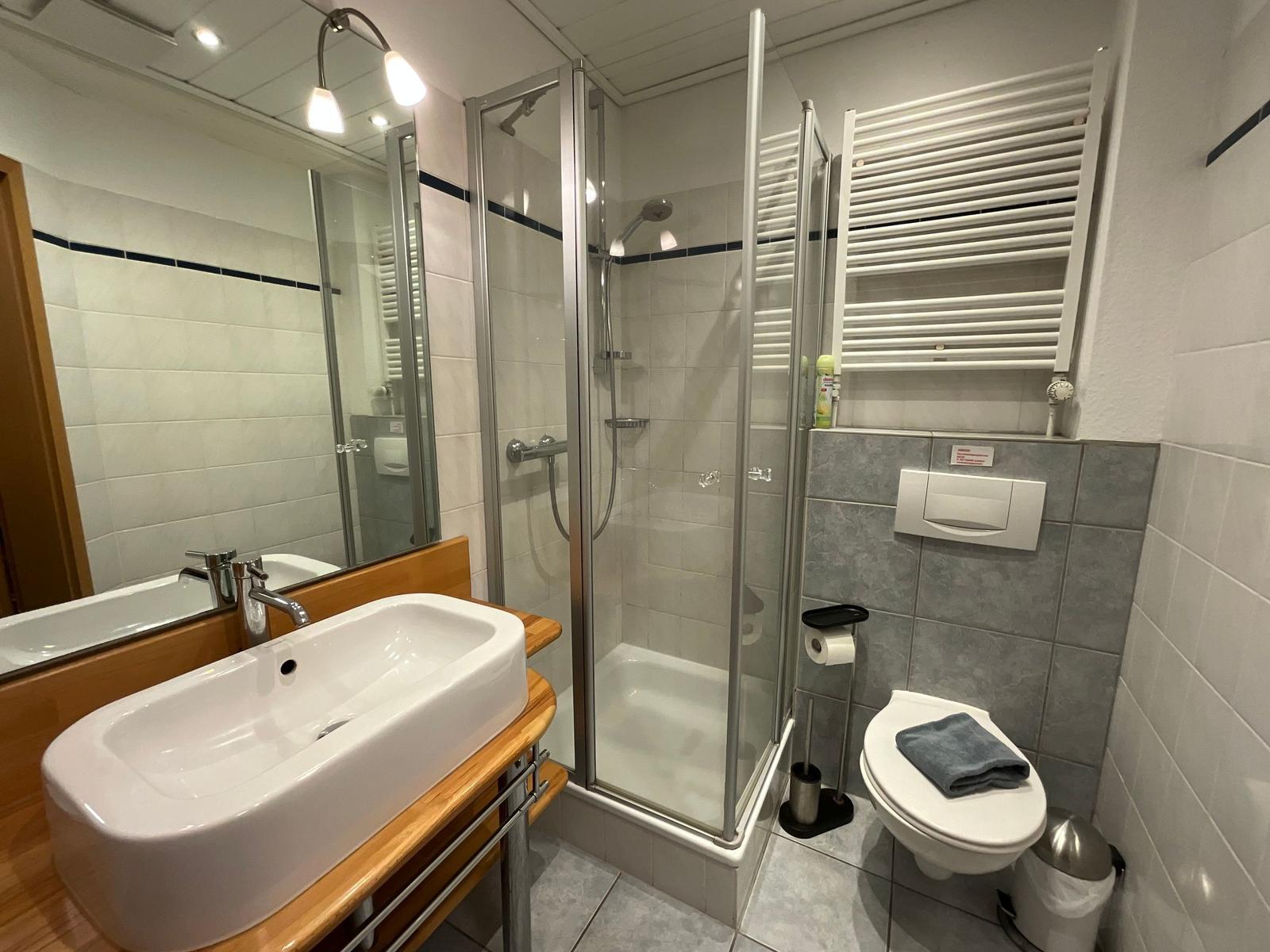 Badezimmer mit Dusche, Waschbecken und Toilette.