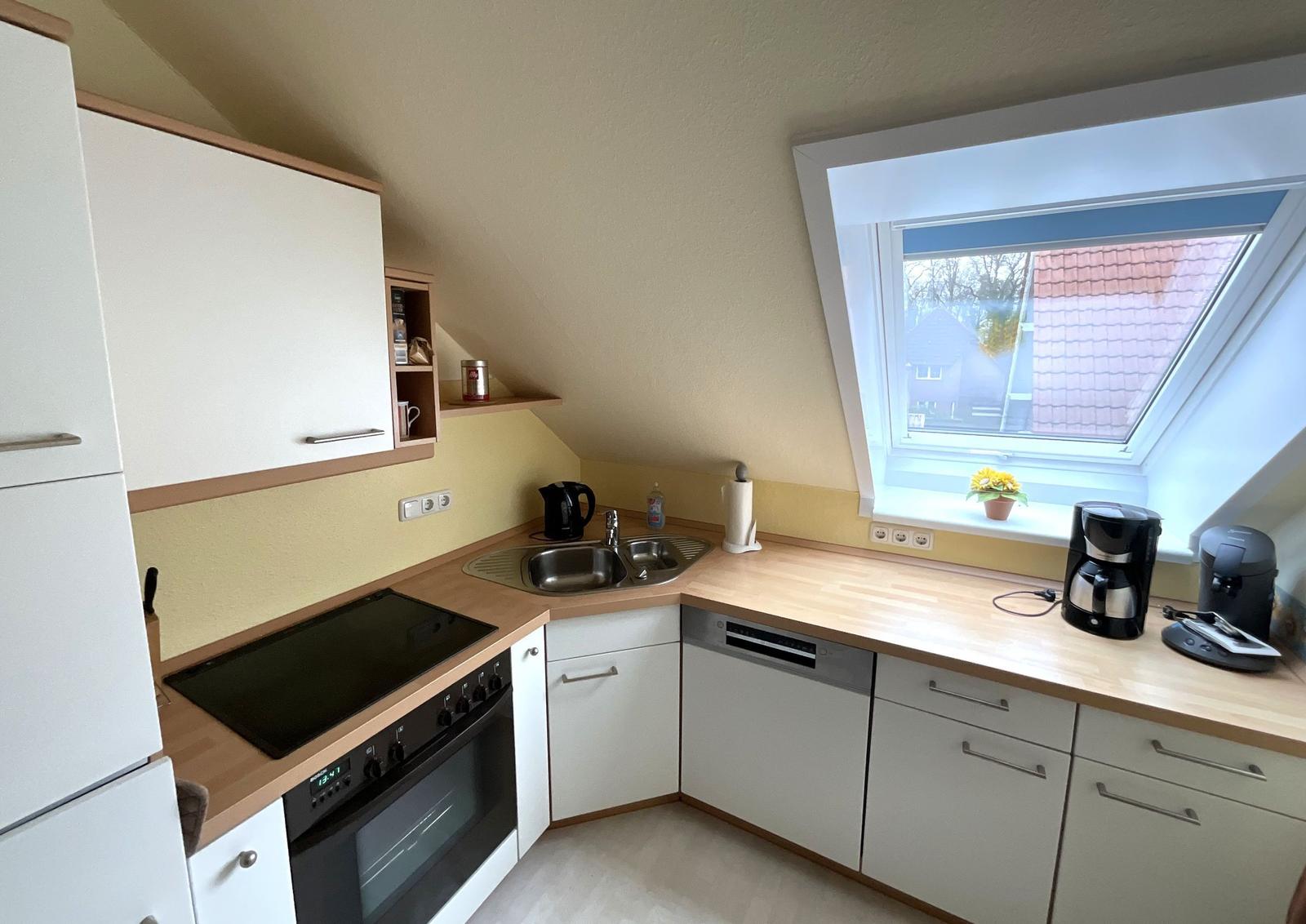 Küche mit Dunstabzug, Spüle und Fenster