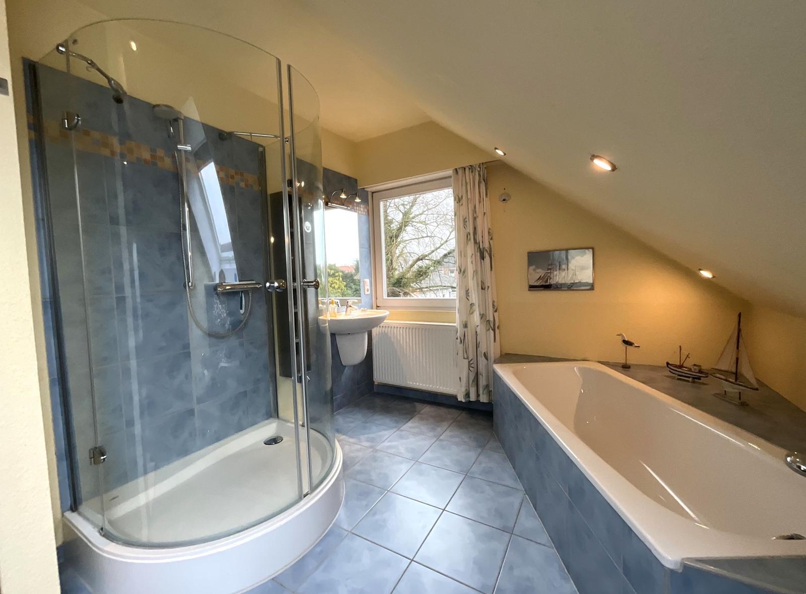 Bad mit Dusche, Badewanne und Fenster mit Blick.