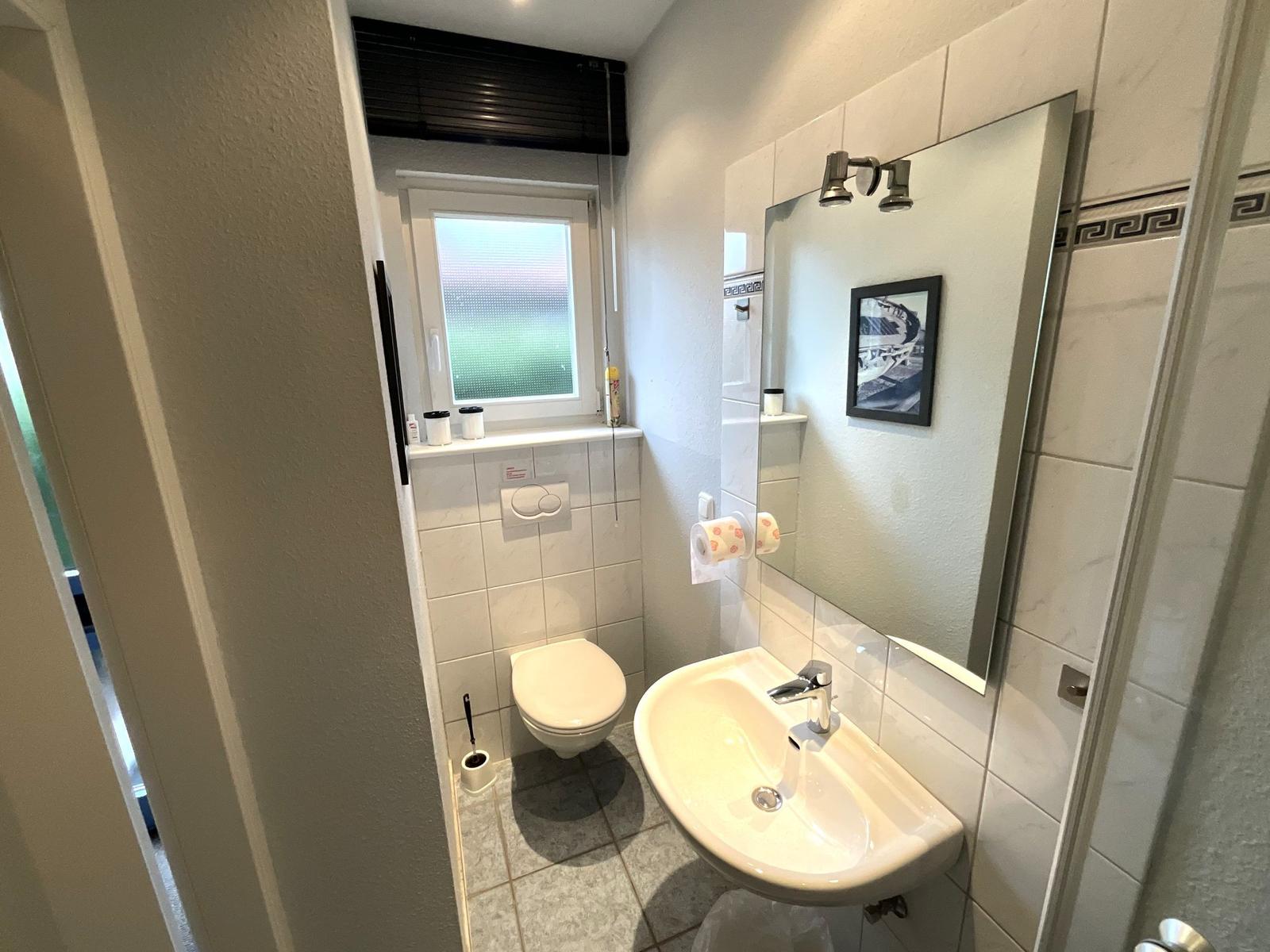 Badezimmer mit Waschbecken, Spiegel, Toilette und Fenster