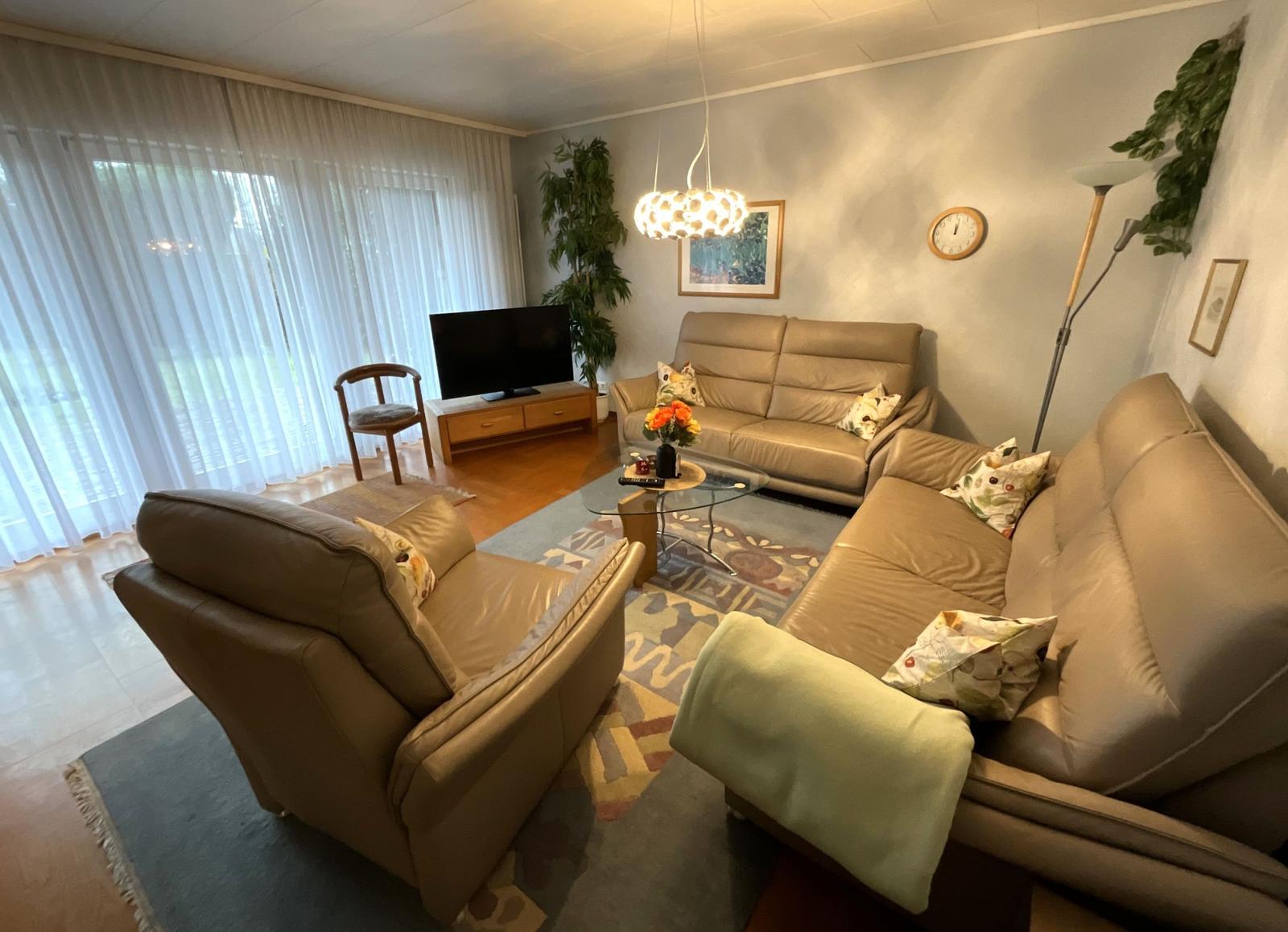 Wohnzimmer mit Ledersofa, Glas-Tisch und Fernseher