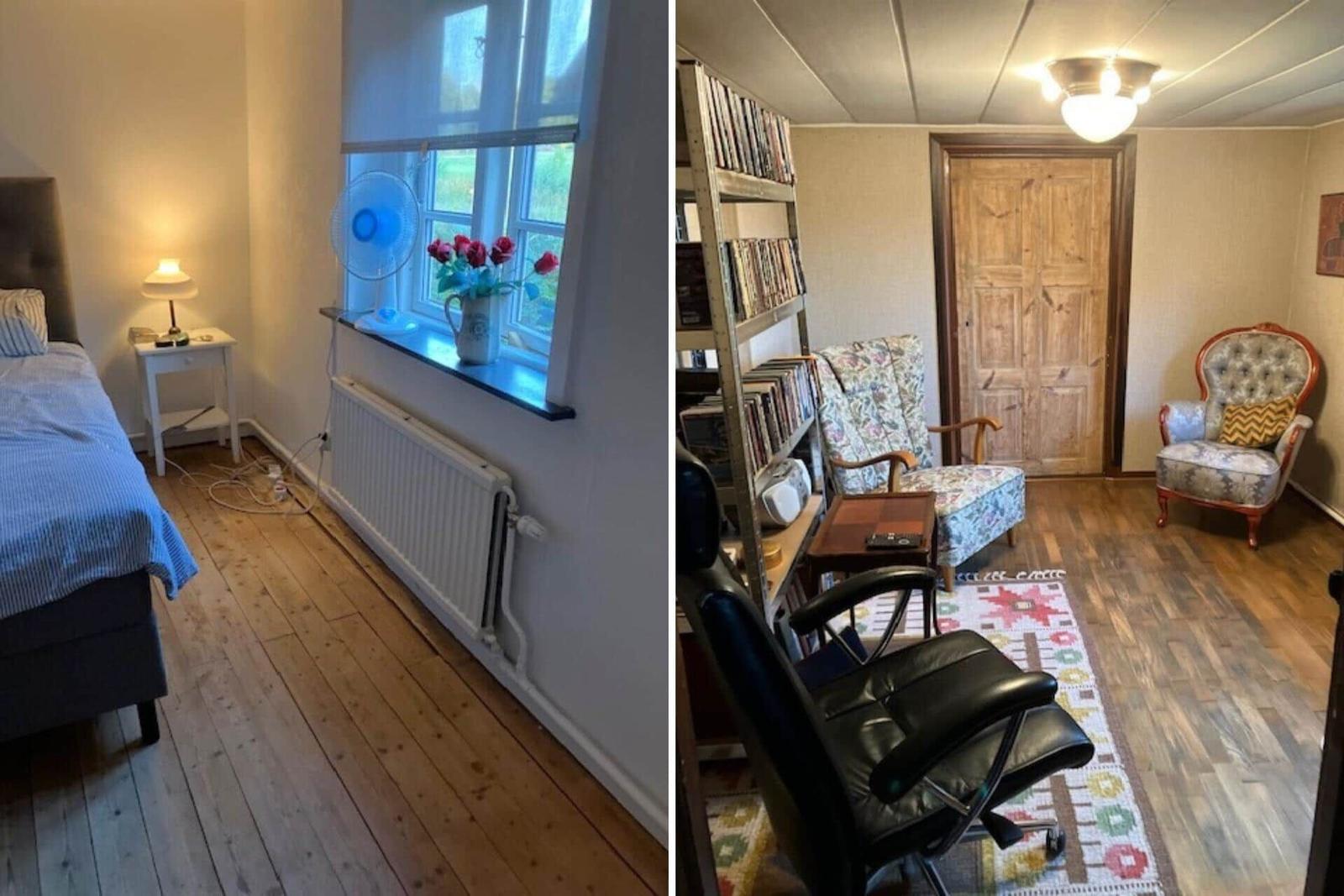 Schlafzimmer mit Bett, Nachttisch und Fenster. Nebenraum mit Sesseln, Bücherregal und Teppich.