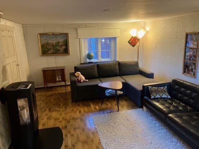 Wohnzimmer mit Sofa, Teppich und Fenster