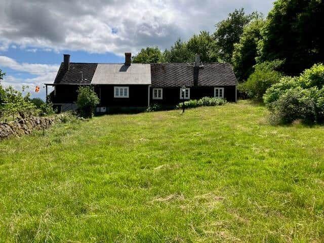 Schwarzes Haus mit mehreren Schornsteinen und weißen Fenstern auf grünem Grund.