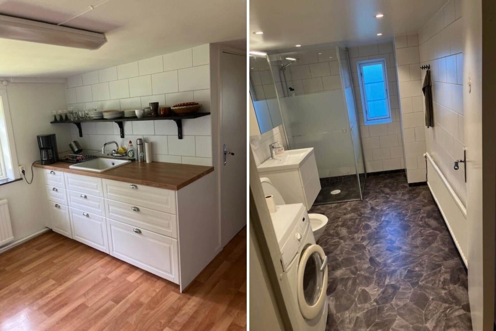 Küche mit Holzoberfläche und weißen Schränken. Badezimmer mit Dusche und Waschmaschine.